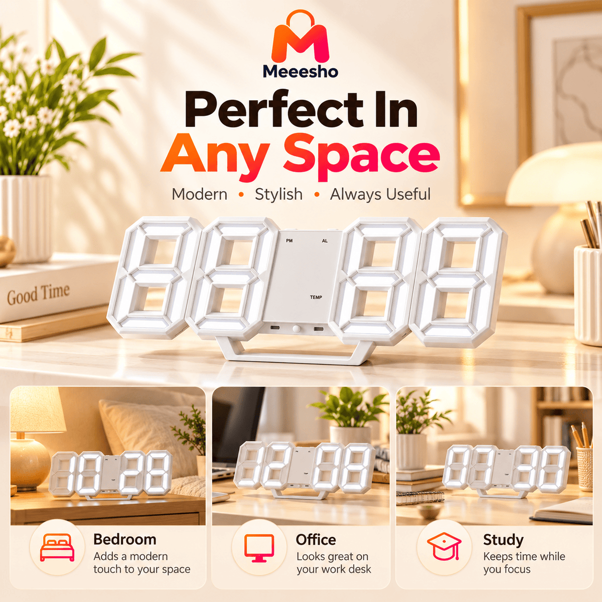 Modern 3D LED Digital Desk Clock With Large Clear Display