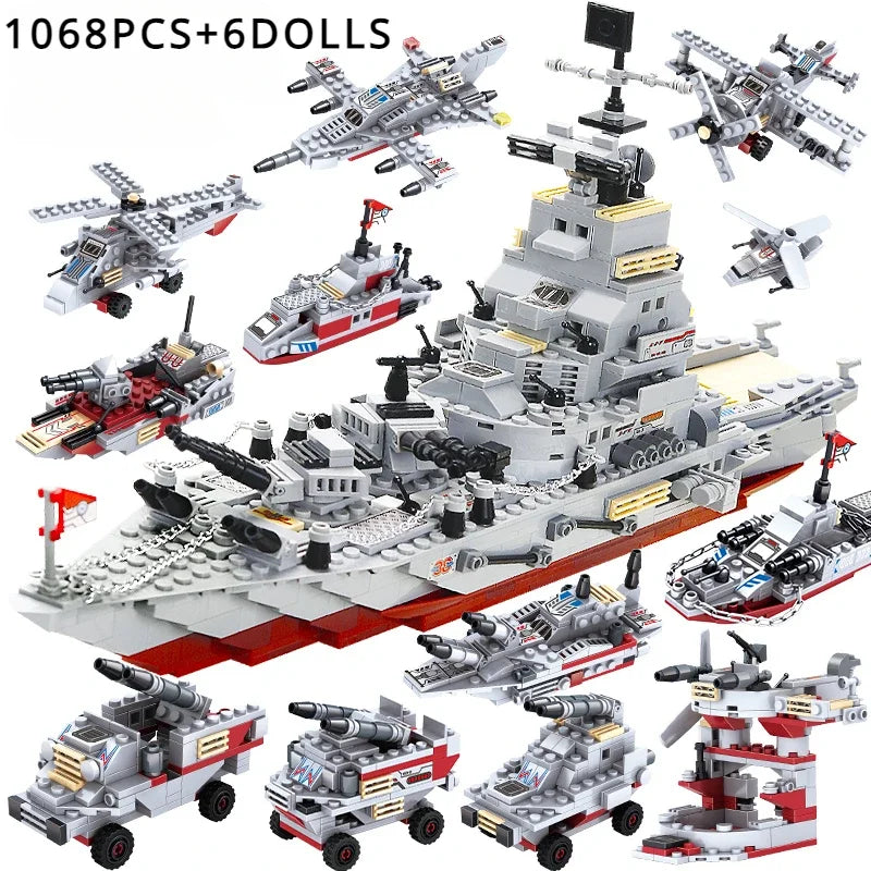 Military Navy Warship Building Blocks Army Boat Plane Toy Set