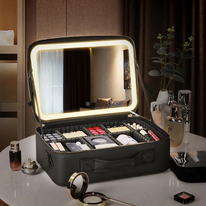 Portable Large Capacity Makeup Bag With Mirror Lighted Cosmetic Organizer Storage