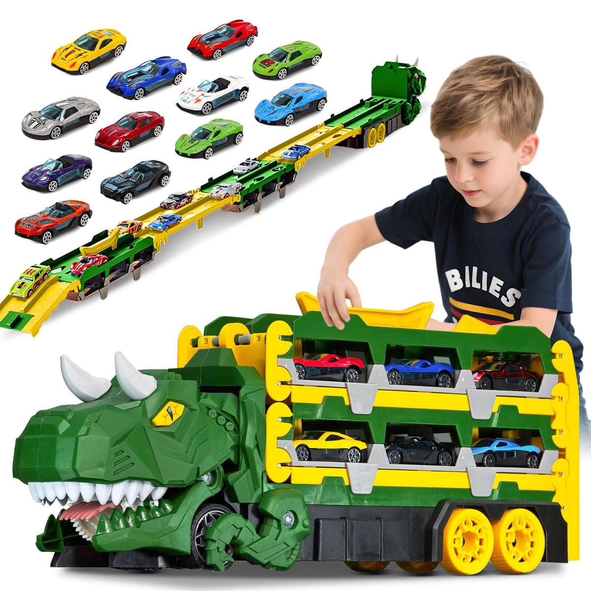 Dinosaur Car Carrier Truck Toy With Race Track And Alloy Cars