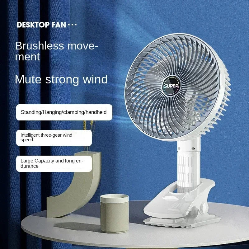 Portable Rechargeable Fan 3-Speed Handheld Clip Desk Cooling Fan