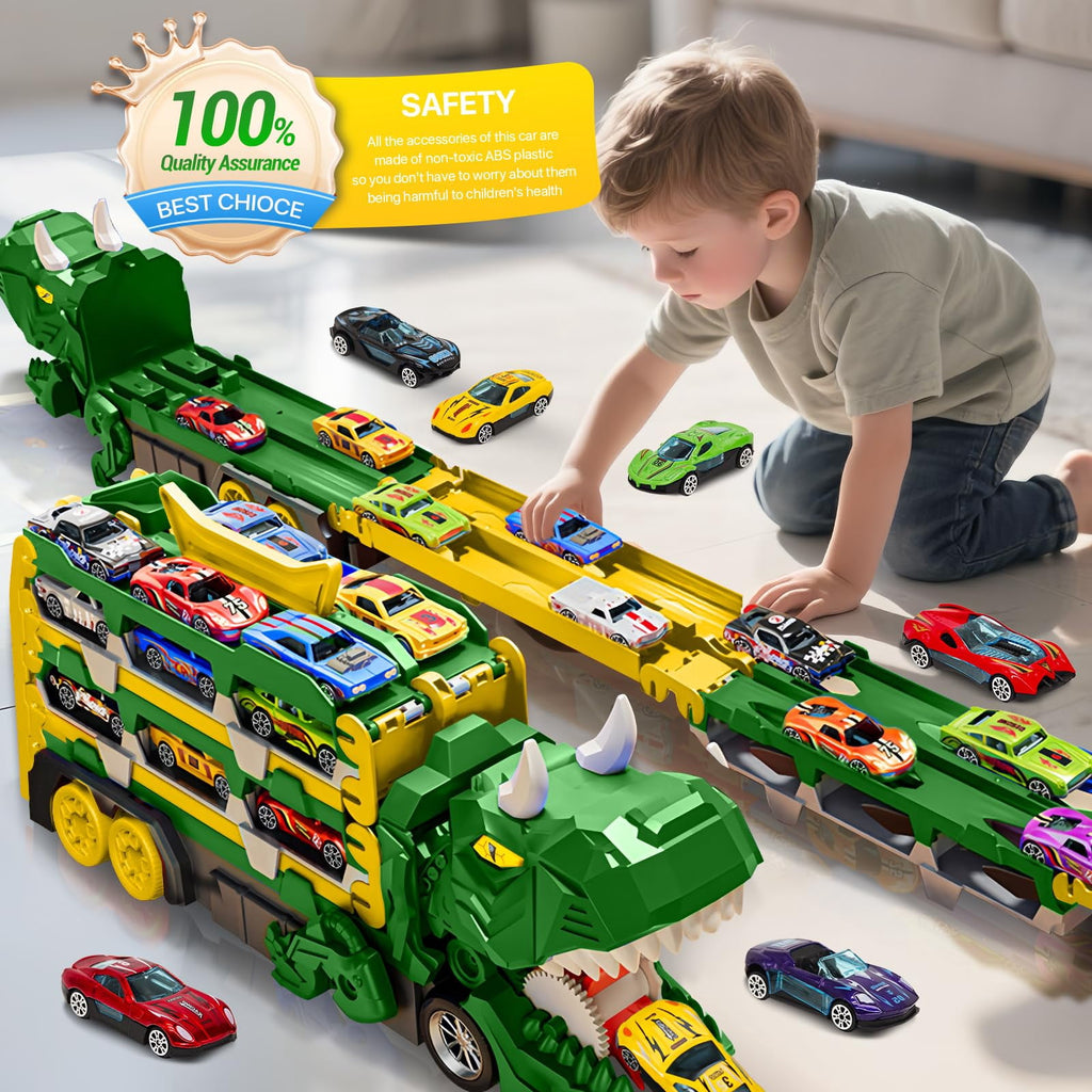 Dinosaur Car Carrier Truck Toy With Race Track And Alloy Cars
