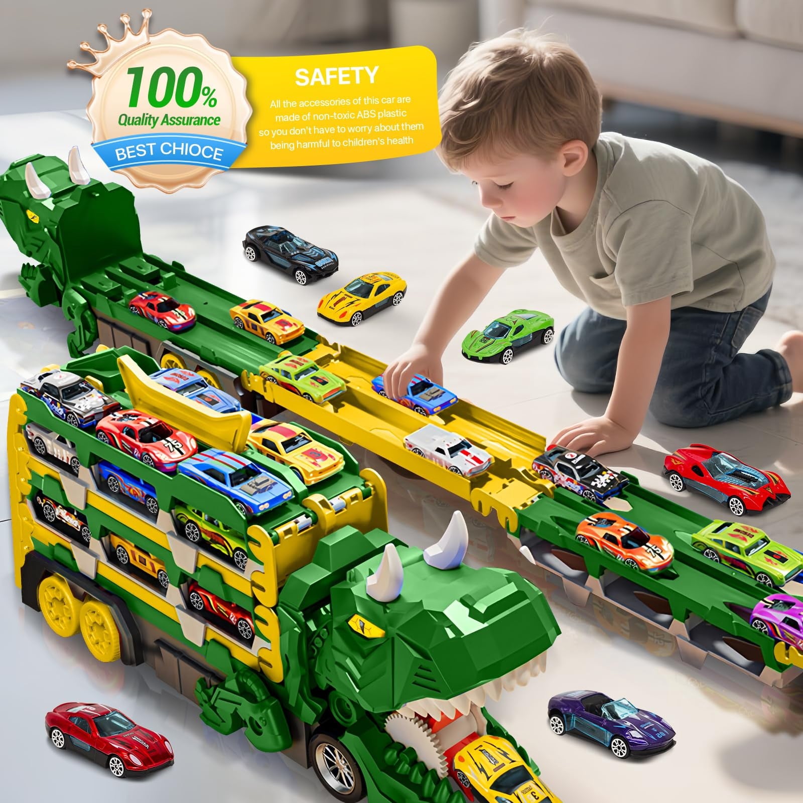 Dinosaur Car Carrier Truck Toy With Race Track And Alloy Cars