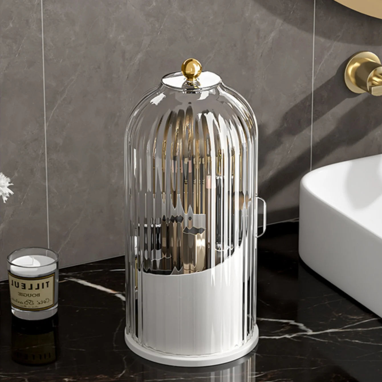 360° Rotating Birdcage Makeup Brush & Pen Holder – Cosmetic Storage Organizer for Dressing Table & Bedroom | Multi-Use Storage Box Pakistan