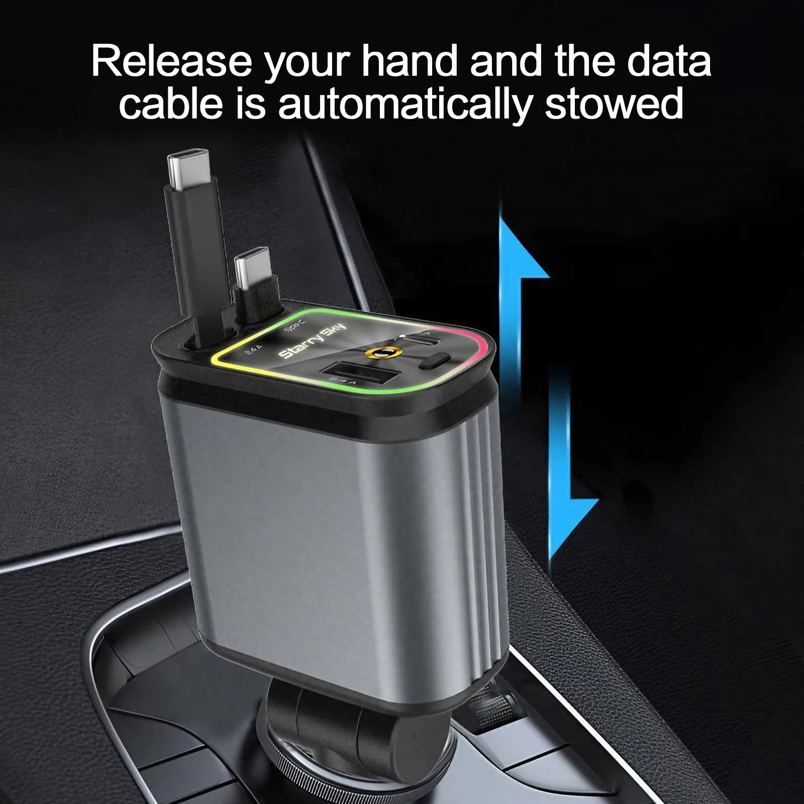 4in1 Retractable Car Charger Fast USB Type C Charger