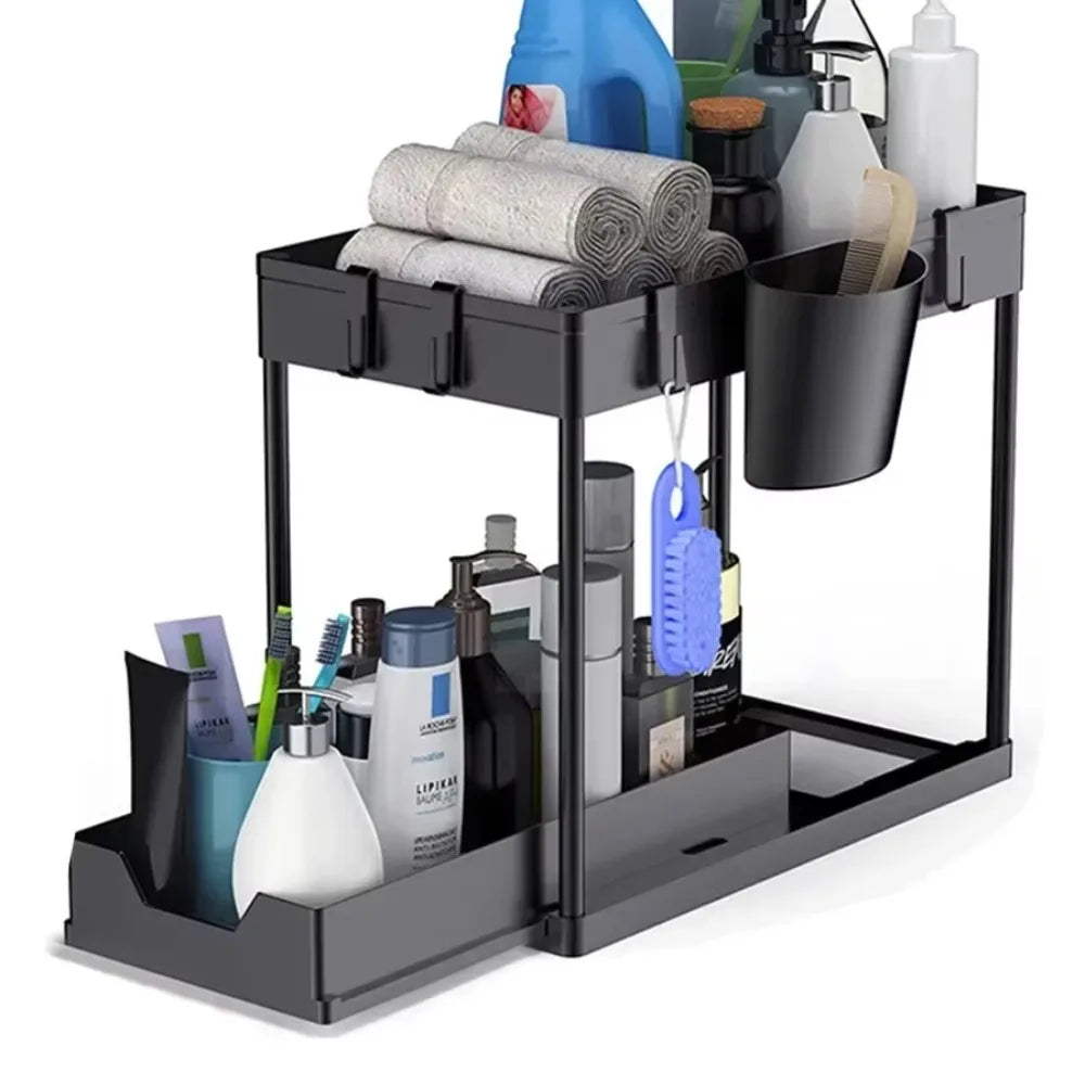 Under Sink Sliding Organizer Rack Kitchen Bathroom Storage Basket Cabinet