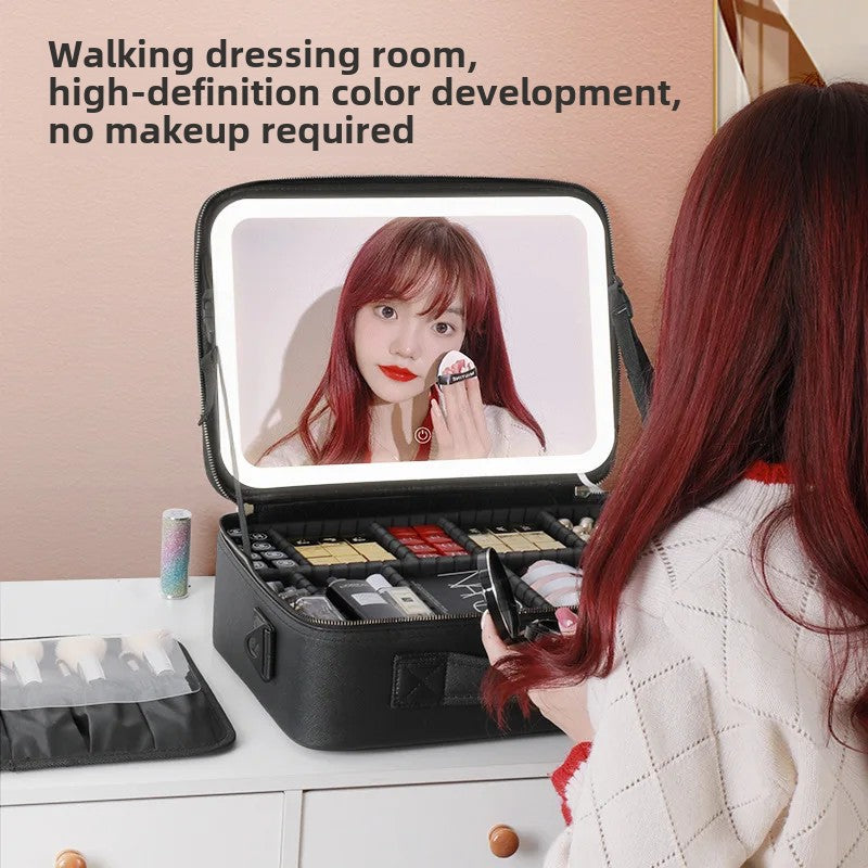 Portable Large Capacity Makeup Bag With Mirror Lighted Cosmetic Organizer Storage