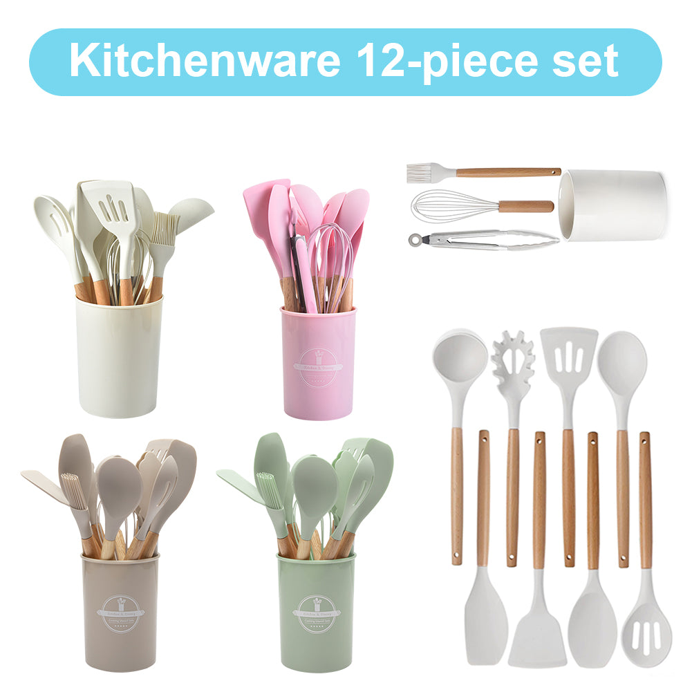 Silicone Kitchen Utensil Set with Holder | Non-Stick Cooking Tools With Rubber