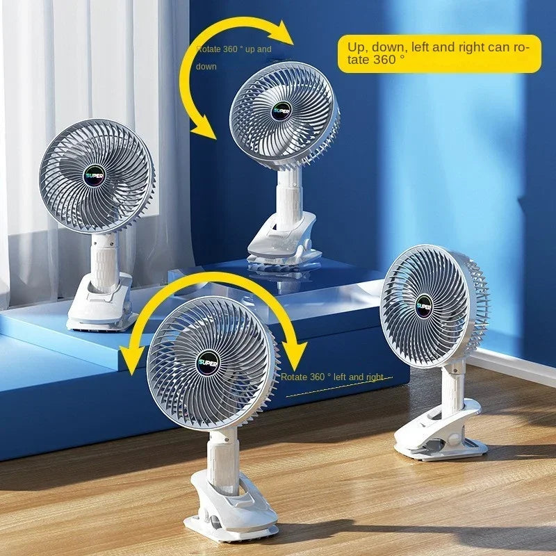 Portable Rechargeable Fan 3-Speed Handheld Clip Desk Cooling Fan