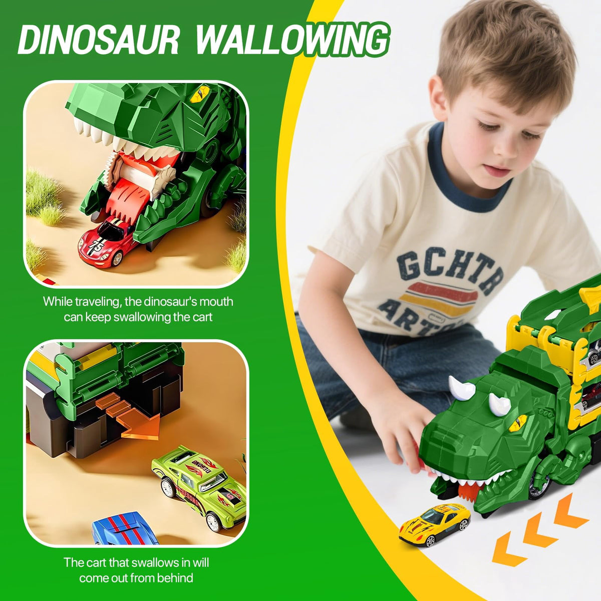 Dinosaur Car Carrier Truck Toy With Race Track And Alloy Cars