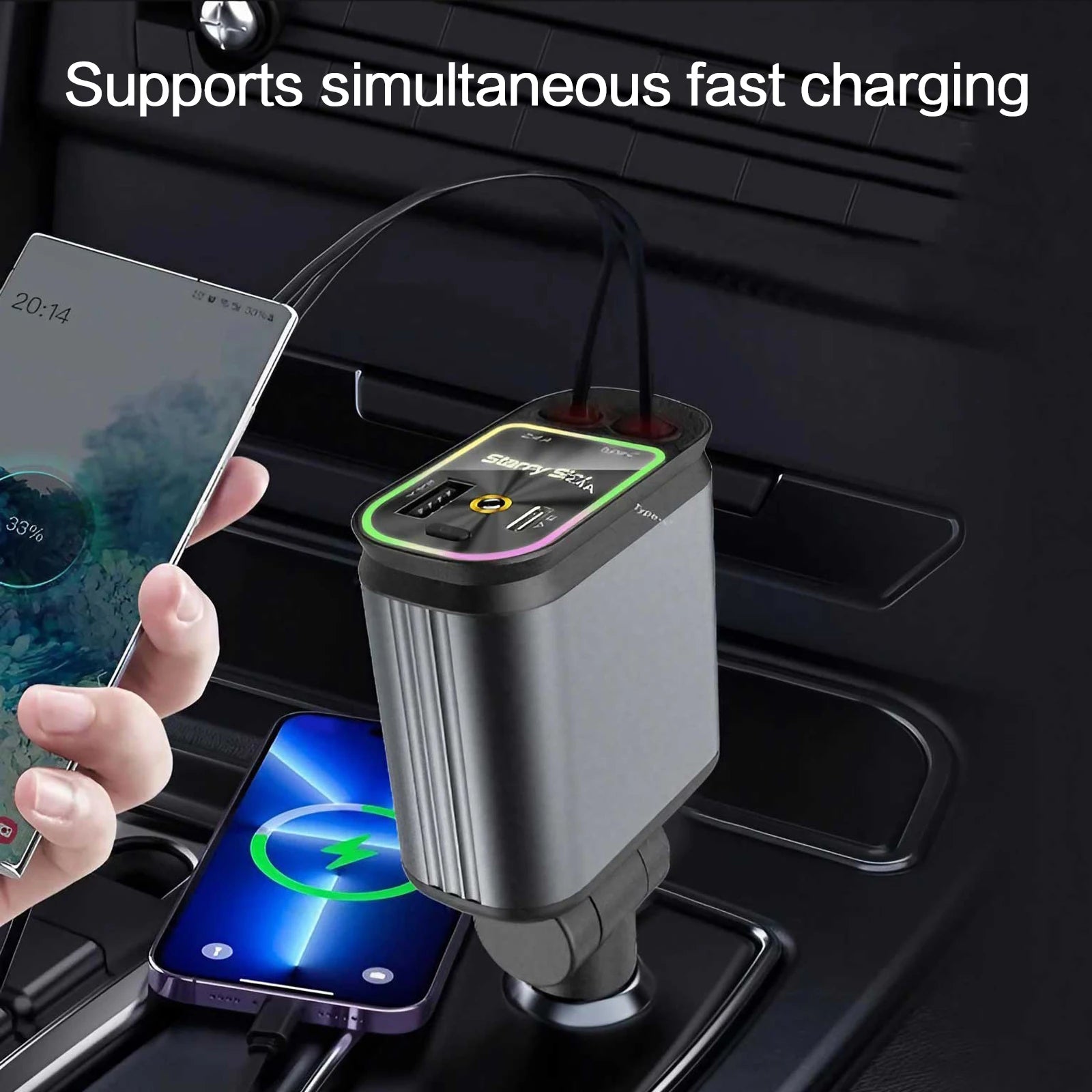 4in1 Retractable Car Charger Fast USB Type C Charger
