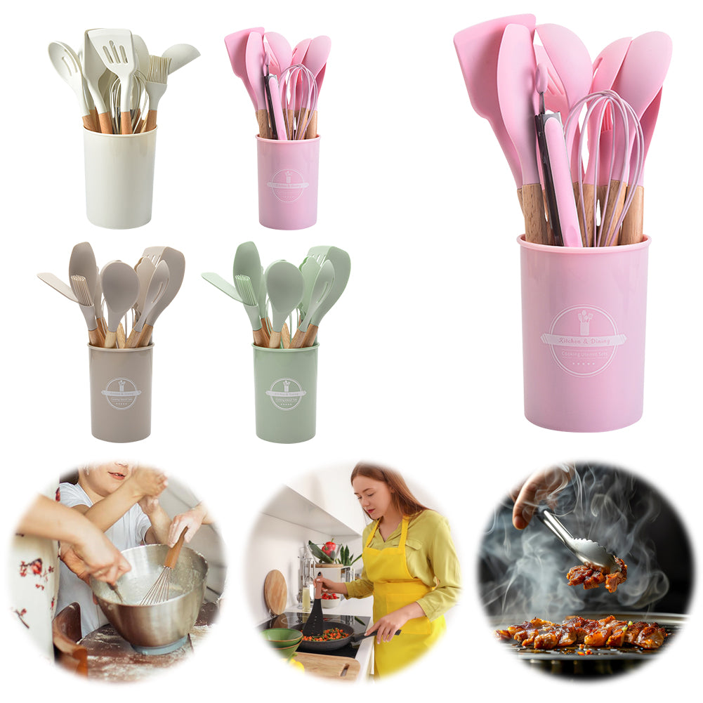Silicone Kitchen Utensil Set with Holder | Non-Stick Cooking Tools With Rubber