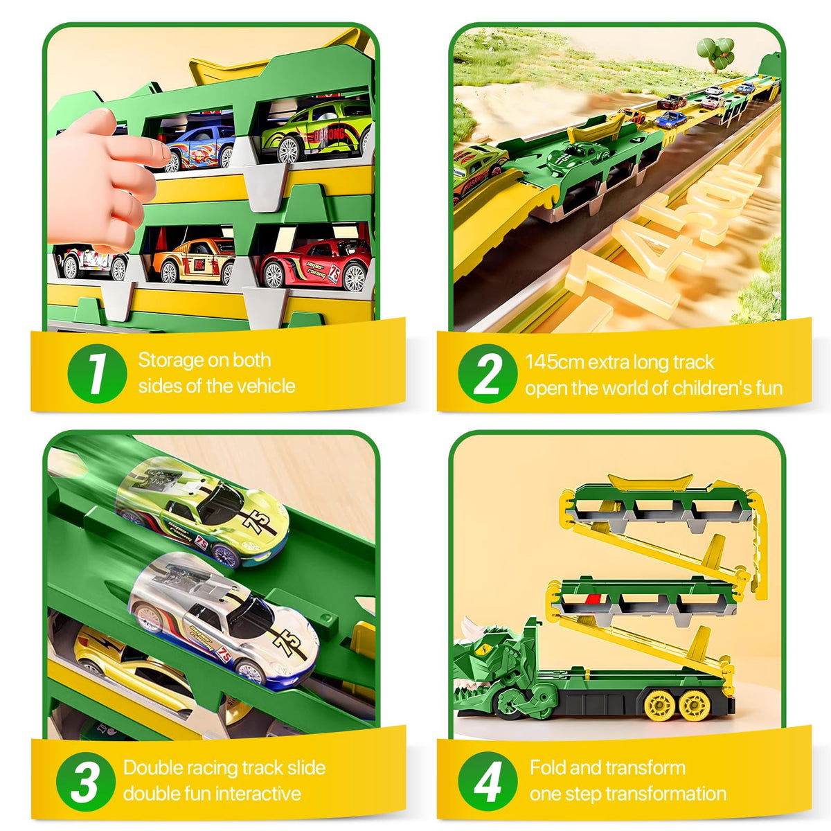 Dinosaur Car Carrier Truck Toy With Race Track And Alloy Cars