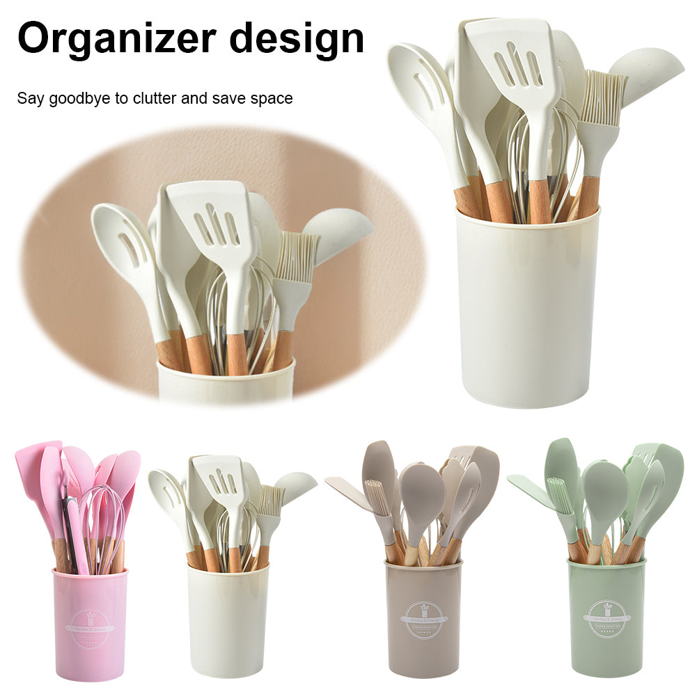 Silicone Kitchen Utensil Set with Holder | Non-Stick Cooking Tools With Rubber