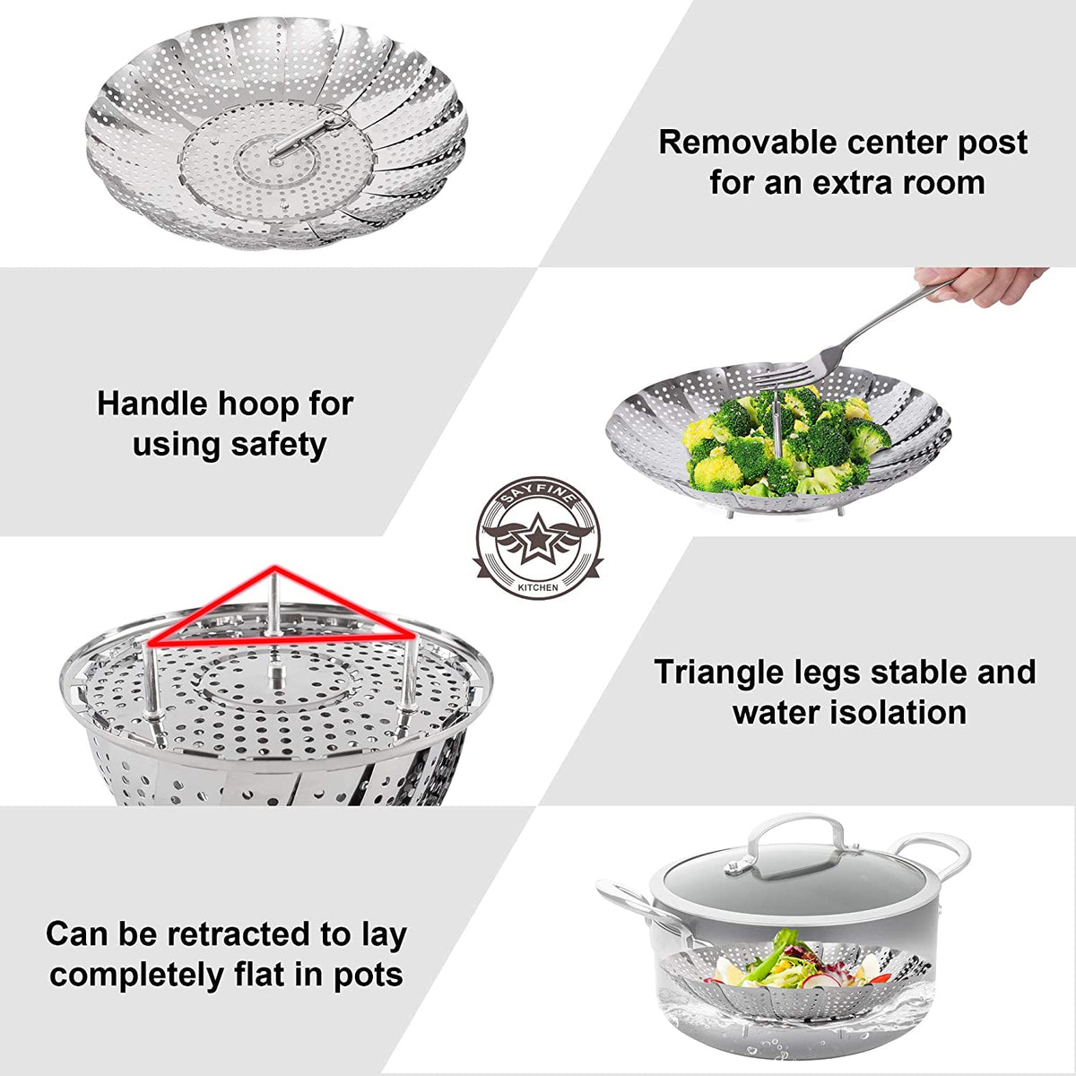 Stainless Steel Folding Steamer Basket Vegetable Meat Cooker Kitchen