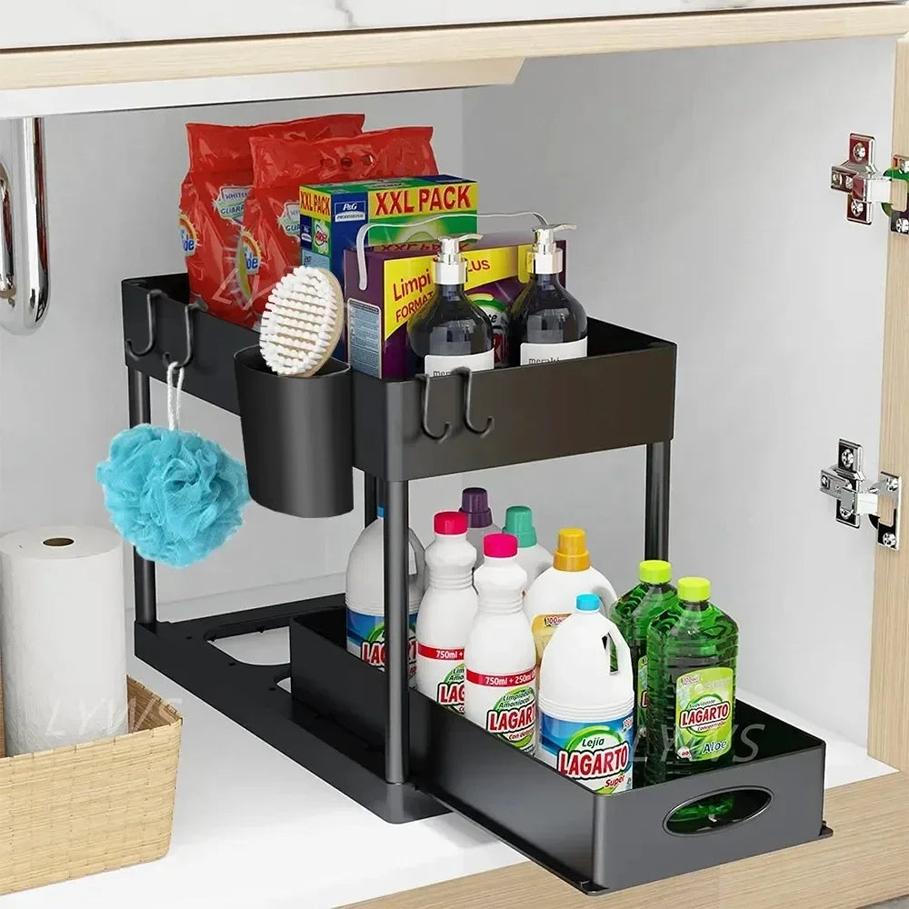 Under Sink Sliding Organizer Rack Kitchen Bathroom Storage Basket Cabinet