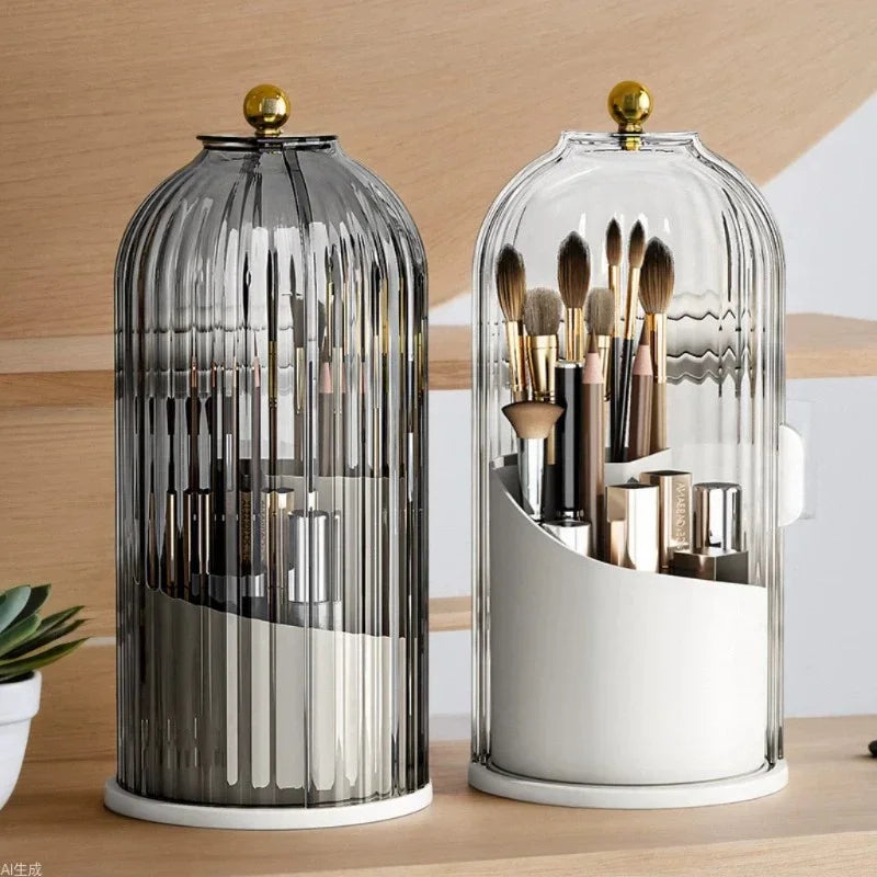 360° Rotating Birdcage Makeup Brush & Pen Holder – Cosmetic Storage Organizer for Dressing Table & Bedroom | Multi-Use Storage Box Pakistan
