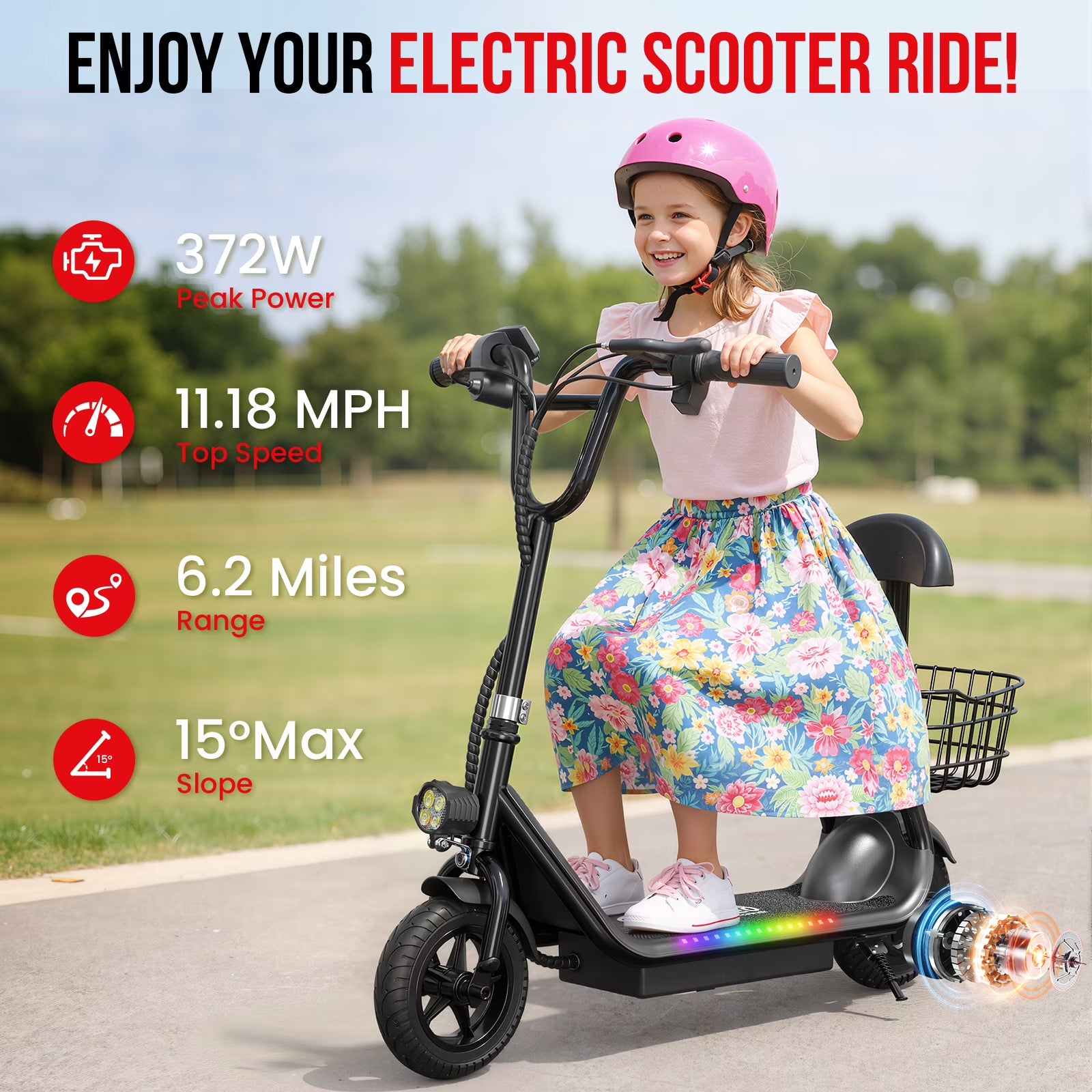 Electric Scooter Bluetooth Foldable LED Seat Basket Ride-On Fun