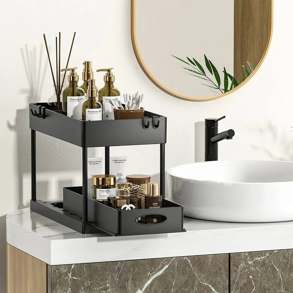 Under Sink Sliding Organizer Rack Kitchen Bathroom Storage Basket Cabinet