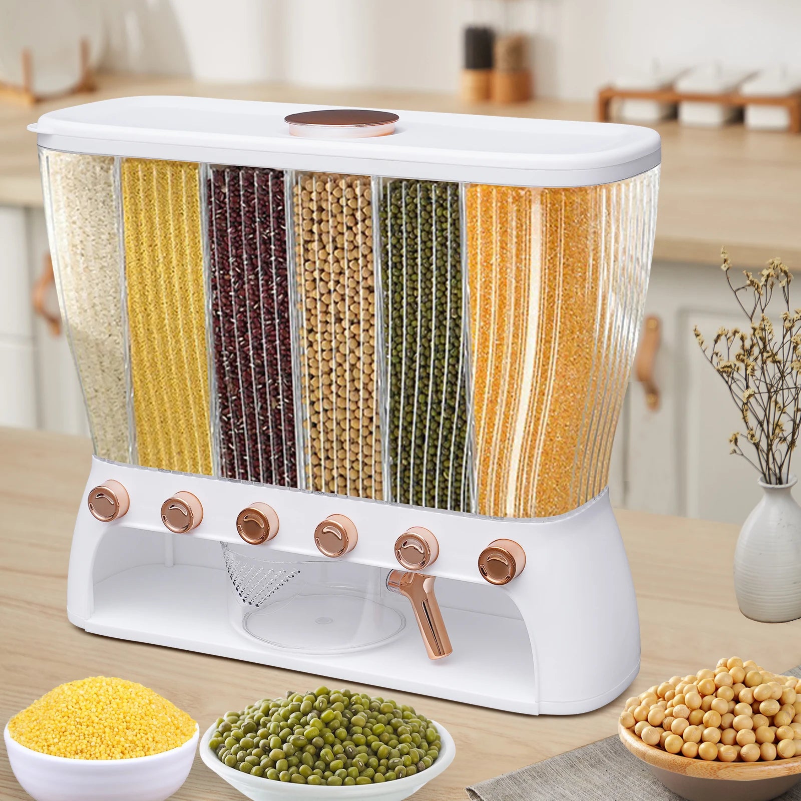 6-Compartment Cereal Dispenser Transparent Dry Food Storage Container