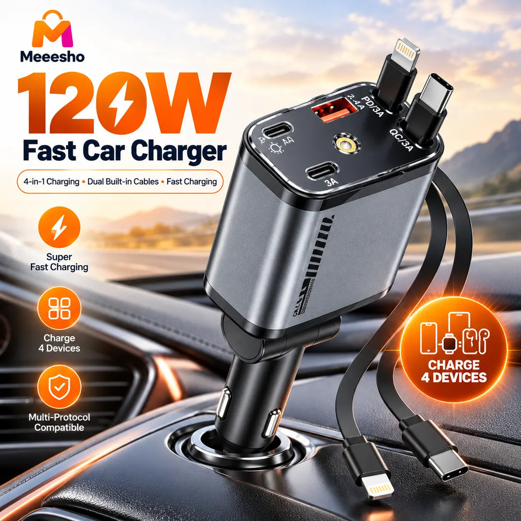 120W 5-in-1 Telescopic Car Fast Charger with Type-C or iOS Cable