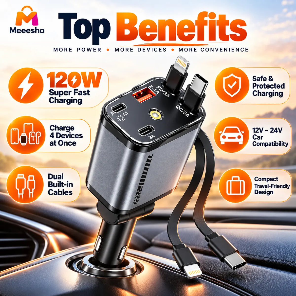 120W 5-in-1 Telescopic Car Fast Charger with Type-C or iOS Cable
