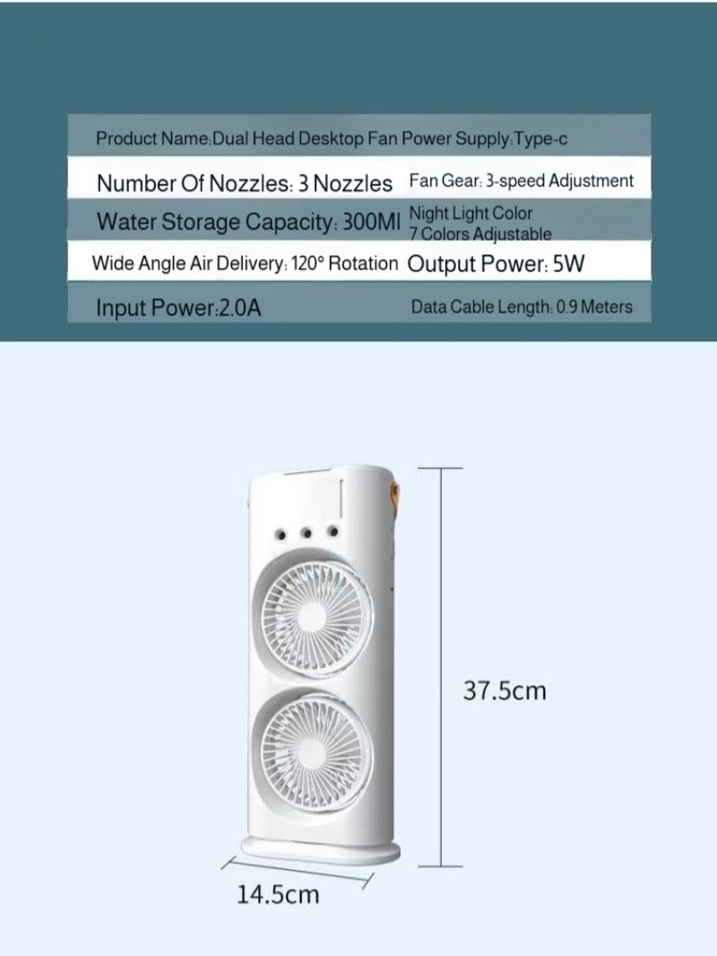 3-in-1 Dual Head Fan Air Cooler Humidifier LED Light