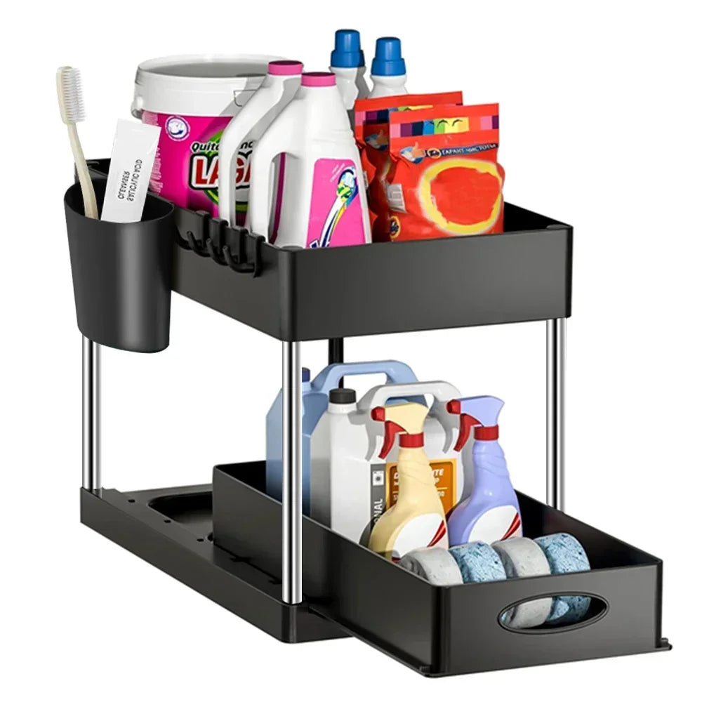 Under Sink Sliding Organizer Rack Kitchen Bathroom Storage Basket Cabinet