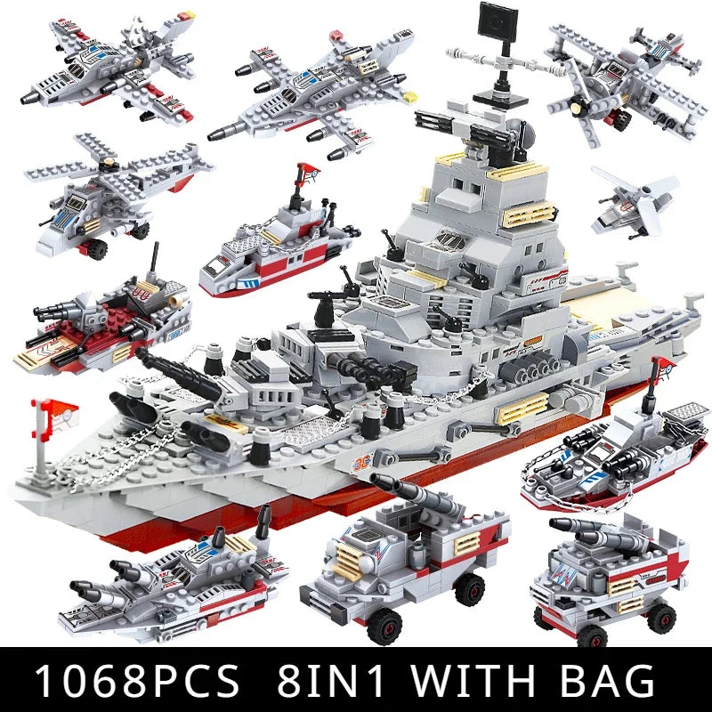Military Navy Warship Building Blocks Army Boat Plane Toy Set