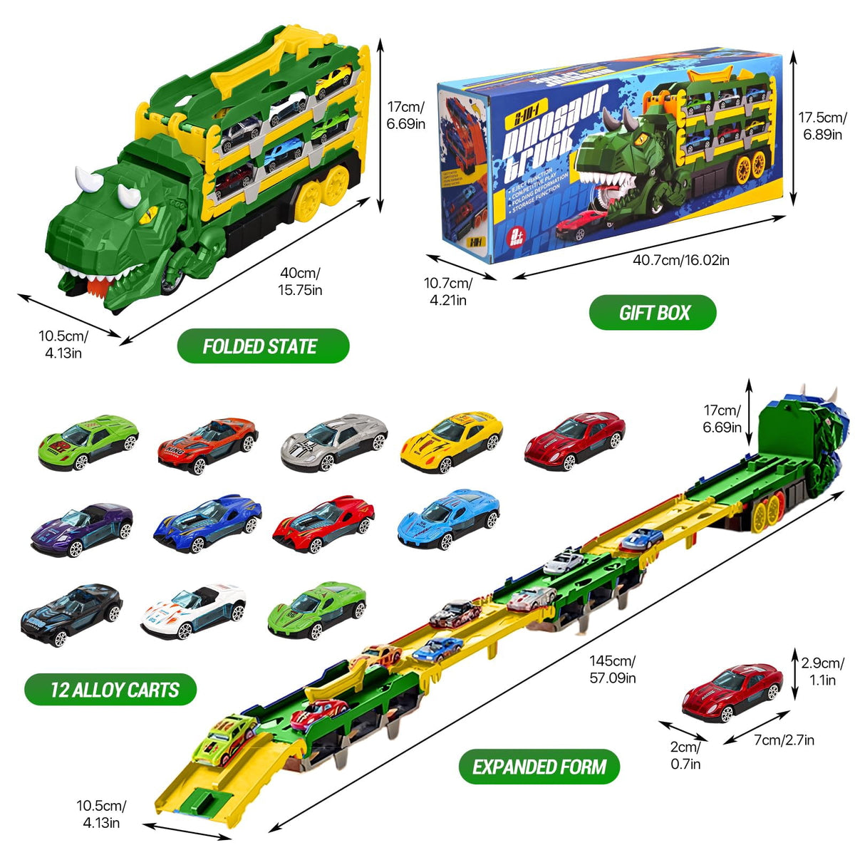 Dinosaur Car Carrier Truck Toy With Race Track And Alloy Cars