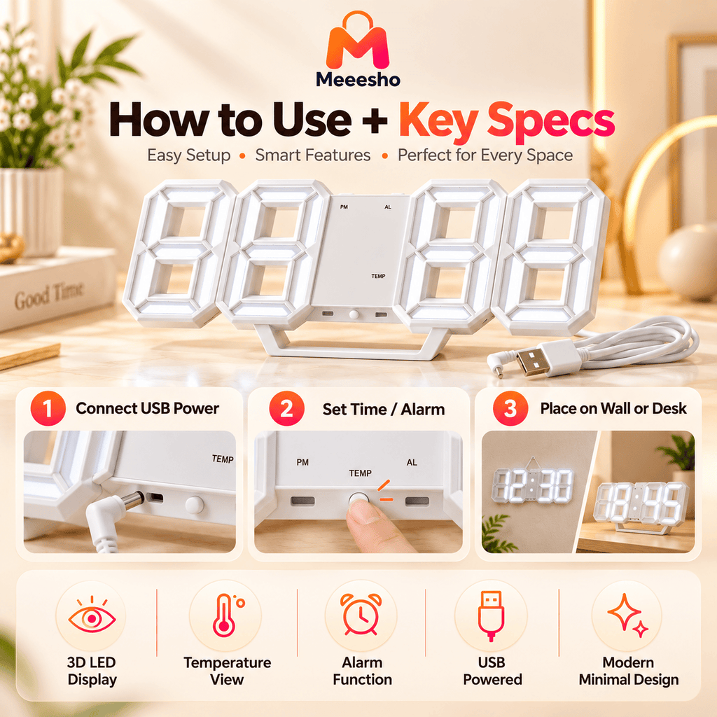 Modern 3D LED Digital Desk Clock With Large Clear Display