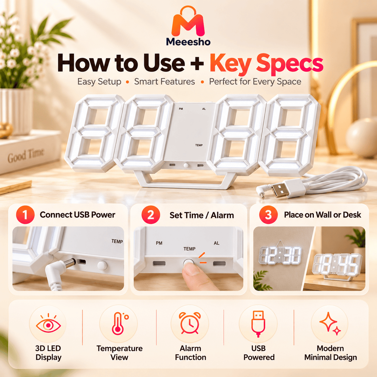 Modern 3D LED Digital Desk Clock With Large Clear Display