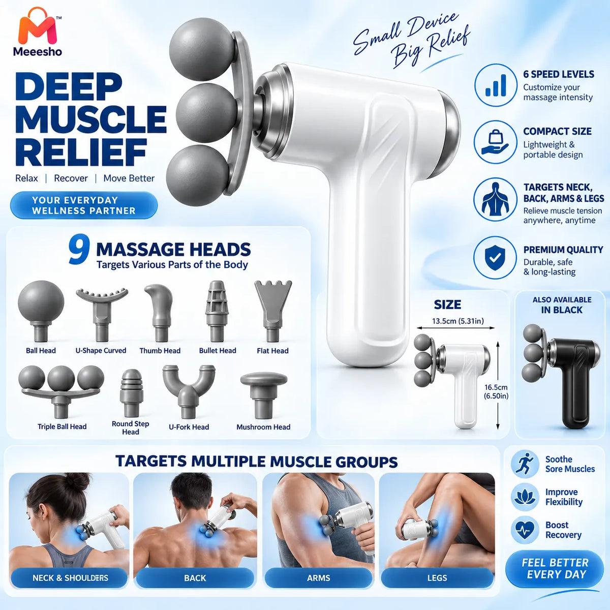 Portable 9-Head Massage Gun with 6 Speed Levels