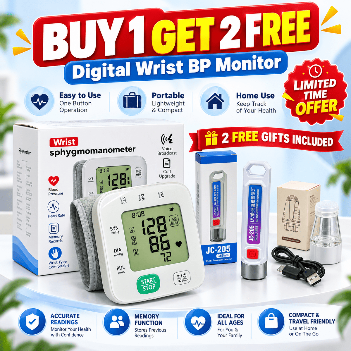 Digital Wrist BP Monitor | Buy 1 Get 2 Free Gifts