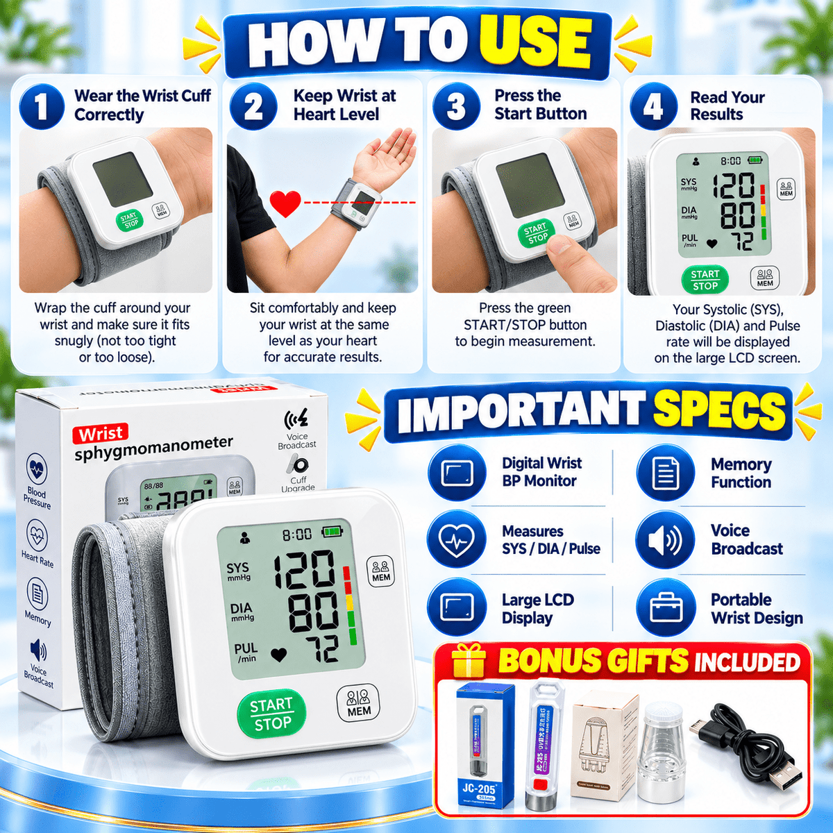 Digital Wrist BP Monitor | Buy 1 Get 2 Free Gifts