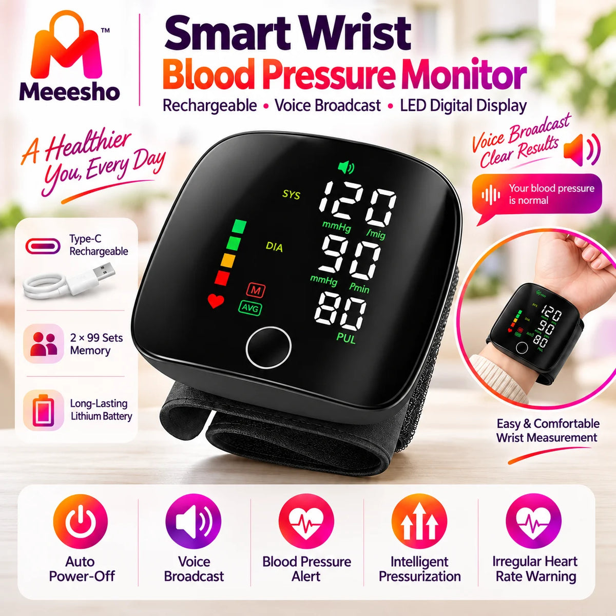 Digital Wrist Blood Pressure Monitor Voice LED USB