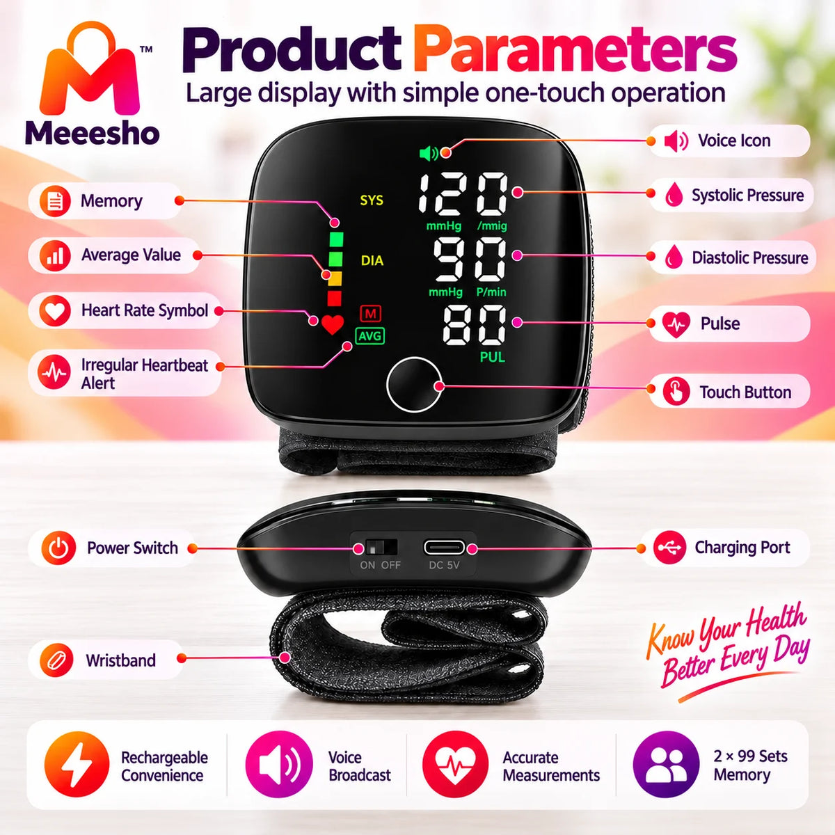 Digital Wrist Blood Pressure Monitor Voice LED USB