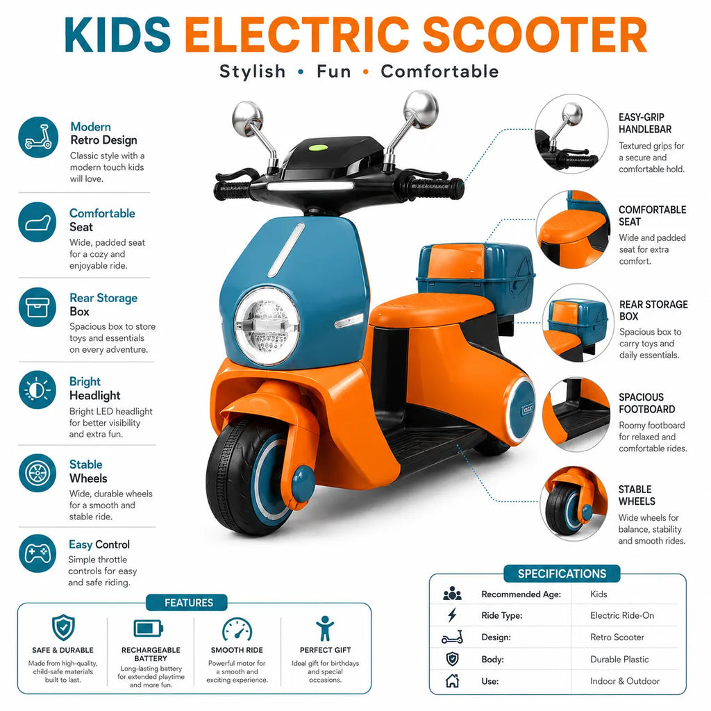 Royal Cargo Vespa Kids Electric Ride-On Scooter with Rear Storage Box