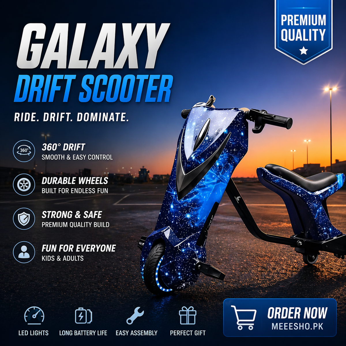 Galaxy Drift/Bike Scooter 360° Electric Ride-On for Kids & Adults – LED Lights, Durable Wheels, Long Battery Life, Premium Drift Scooter Pakistan