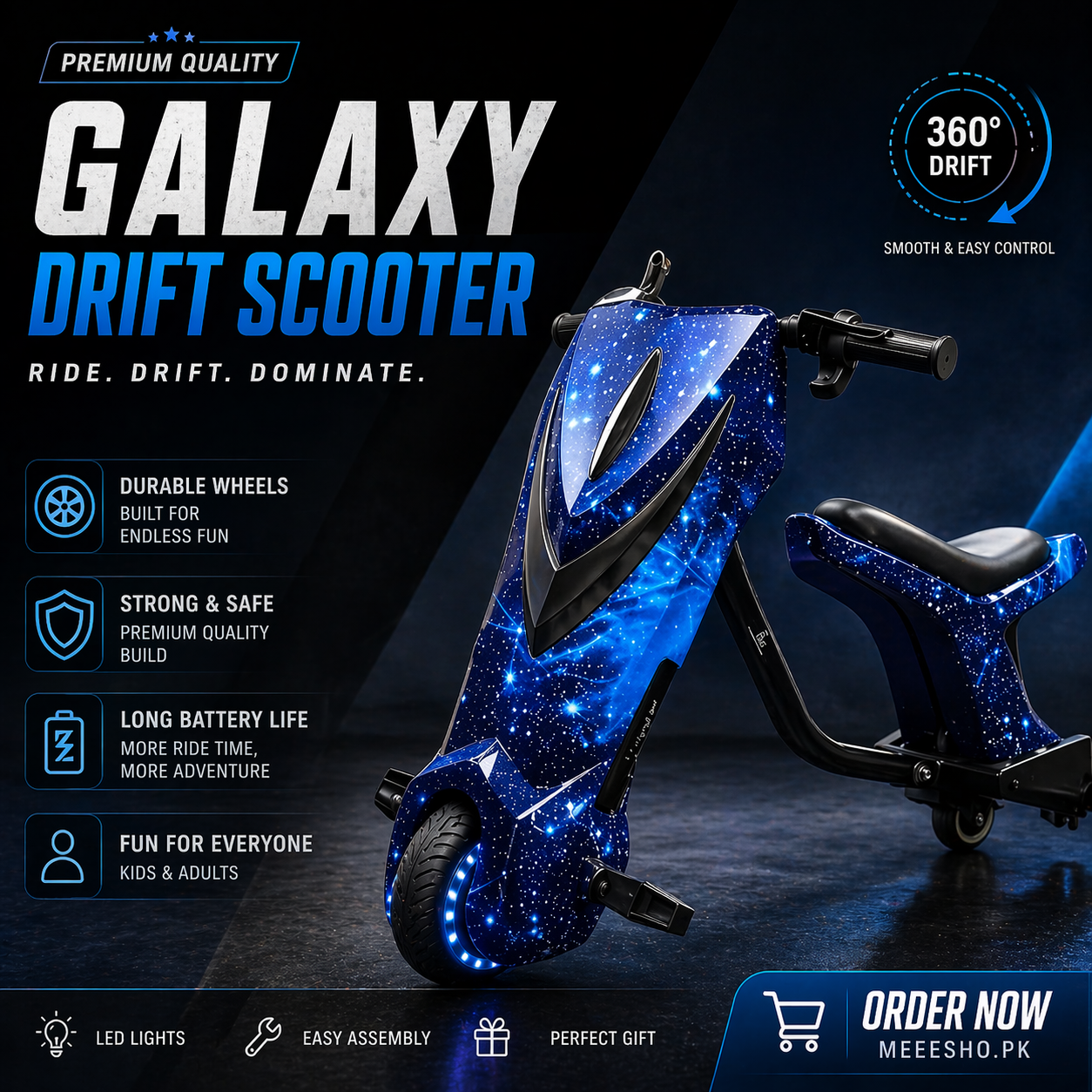Galaxy Drift/Bike Scooter 360° Electric Ride-On for Kids & Adults – LED Lights, Durable Wheels, Long Battery Life, Premium Drift Scooter Pakistan