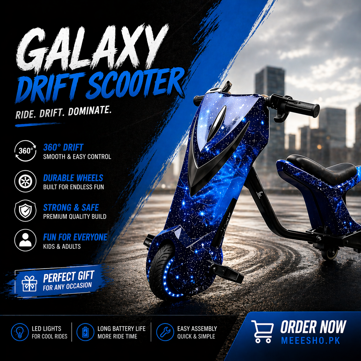 Galaxy Drift/Bike Scooter 360° Electric Ride-On for Kids & Adults – LED Lights, Durable Wheels, Long Battery Life, Premium Drift Scooter Pakistan
