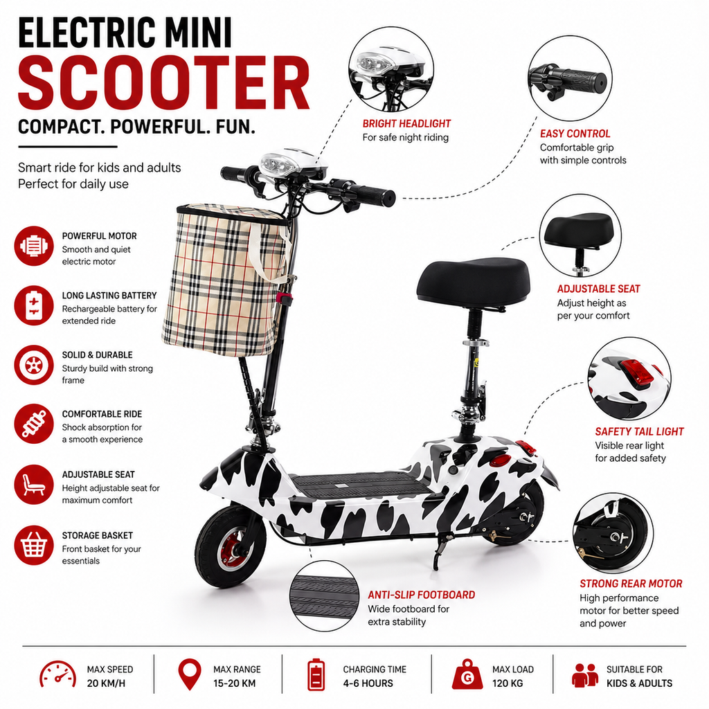 Foldable Electric Scooter With Seat Basket Stylish Rechargeable Personal Ride