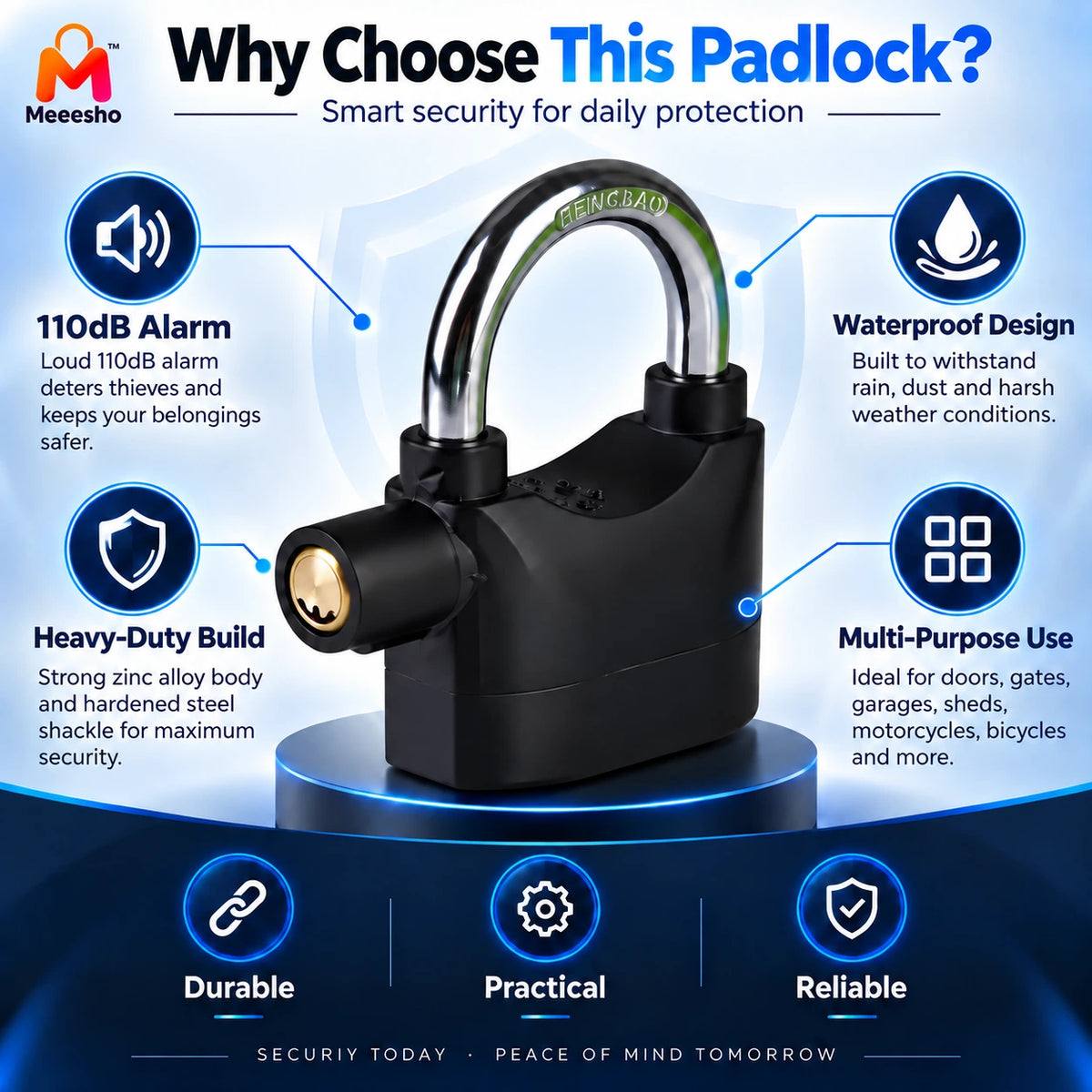 Heavy Duty Waterproof 110dB Alarm Padlock for Motorcycle Bike Security