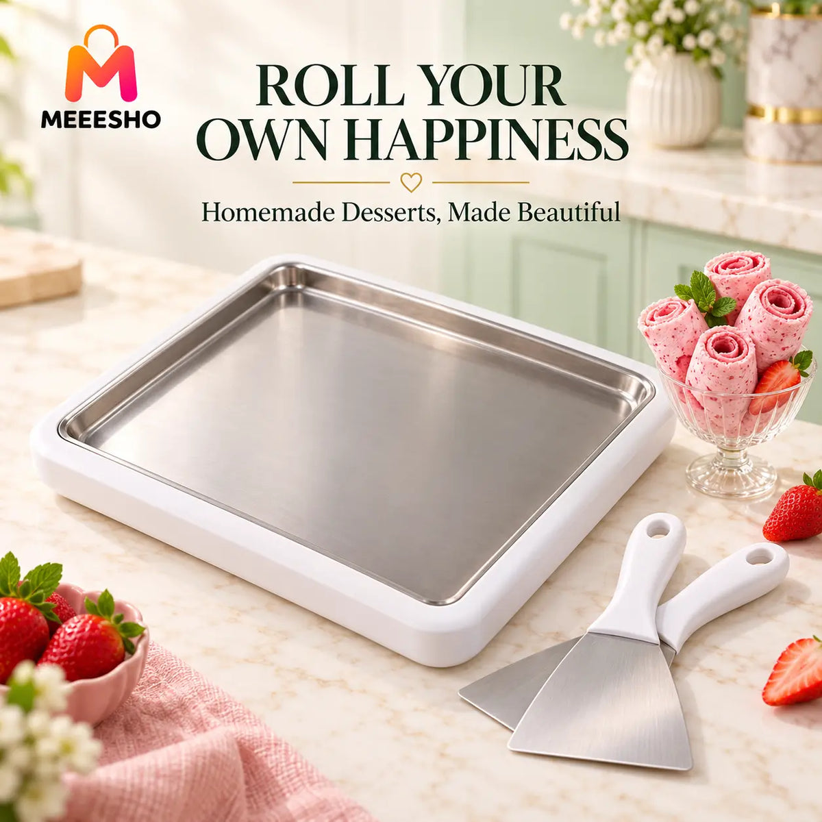 Home Ice Cream Roll Maker Tray With Dual Scrapers Included