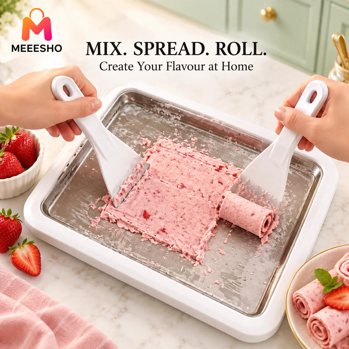 Home Ice Cream Roll Maker Tray With Dual Scrapers Included