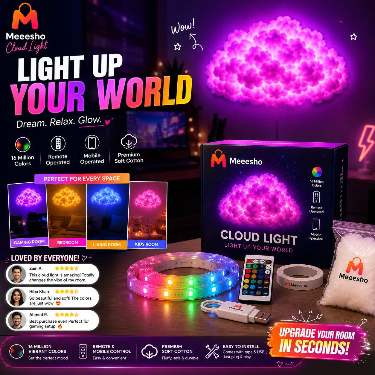 2M RGB Smart Cloud Light LED Mood Lamp with App Control Decor | Meeesho.pk