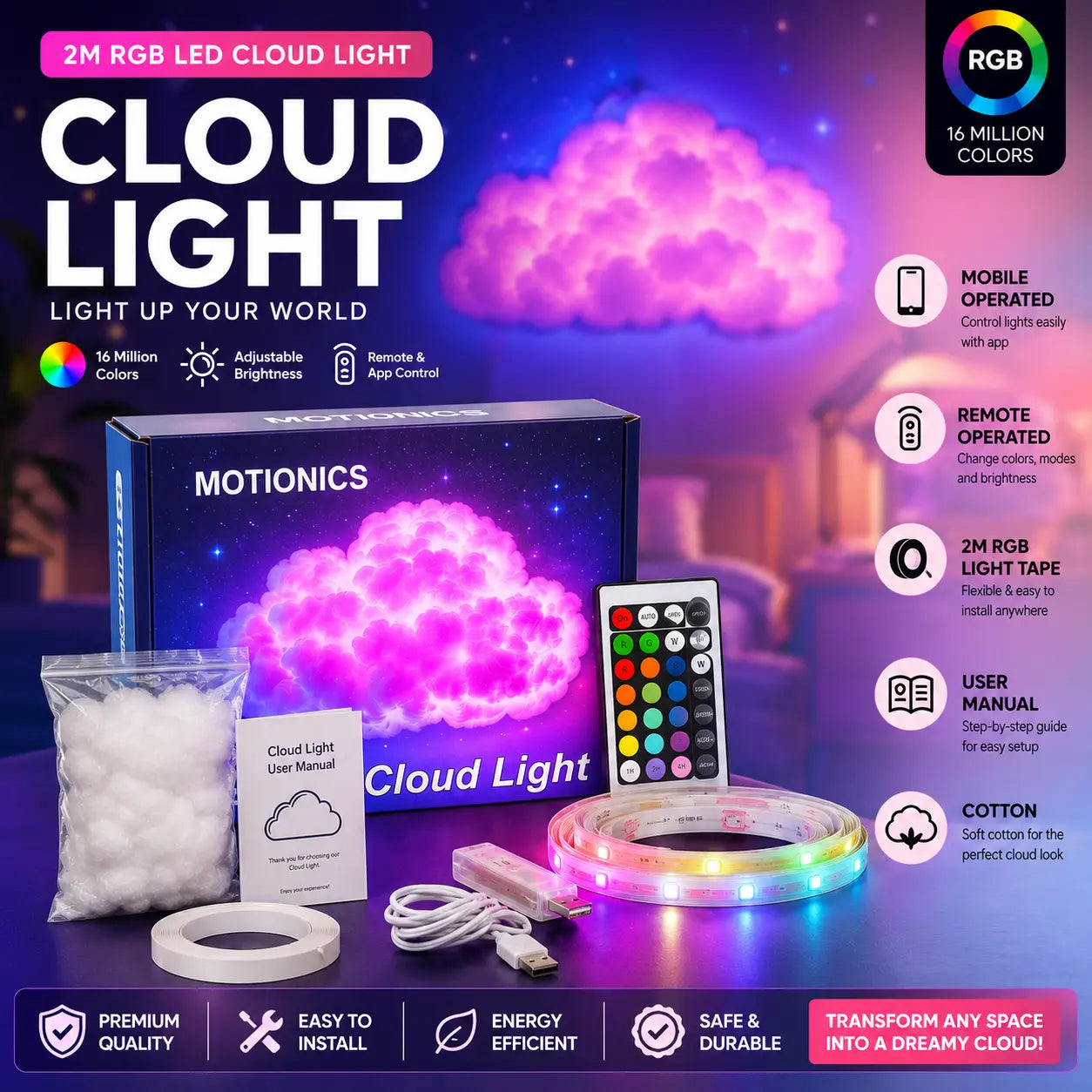 2M RGB Smart Cloud Light LED Mood Lamp with App Control Decor | Meeesho.pk