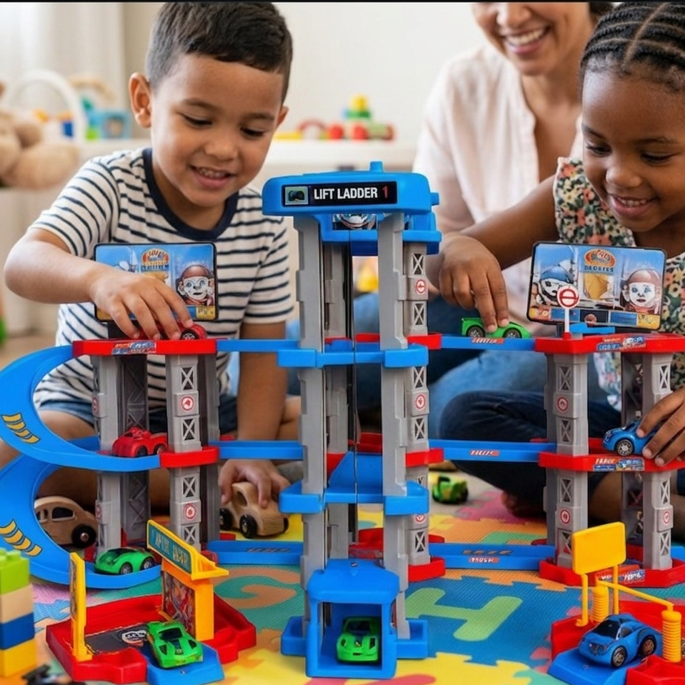 Kids Racing Rail Car Track Garage Parking DIY Adventure Toy Set
