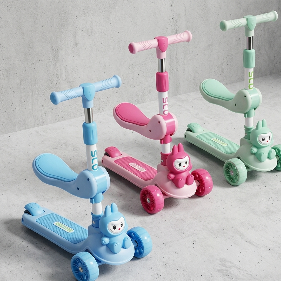 Labubu Character Kids Scooter With Seat Adjustable Manual Balance Riding Scooter