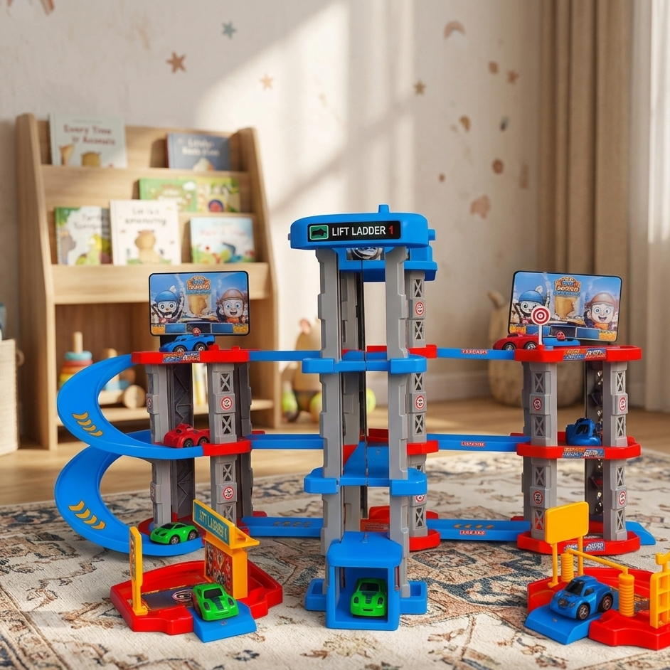 Kids Racing Rail Car Track Garage Parking DIY Adventure Toy Set